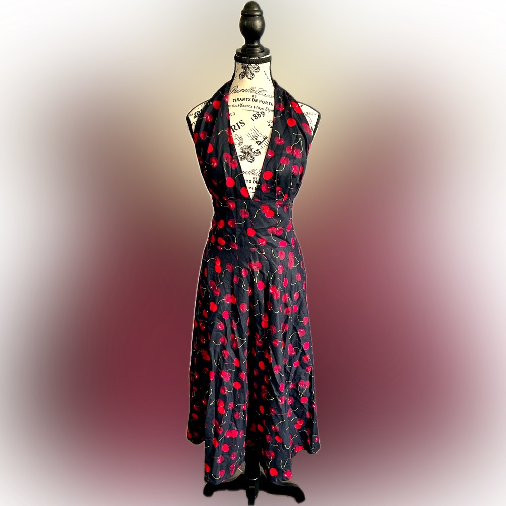 Vintage inspired cherry print halter dress